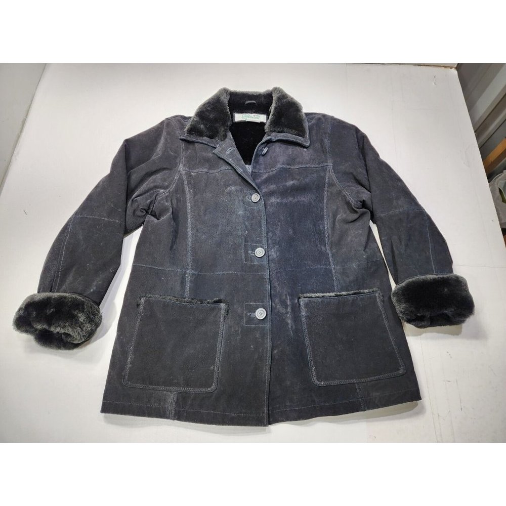 Vintage  Haband Mens Button Up Suede Leather Jacket w/Faux Fur Trim Black Size L